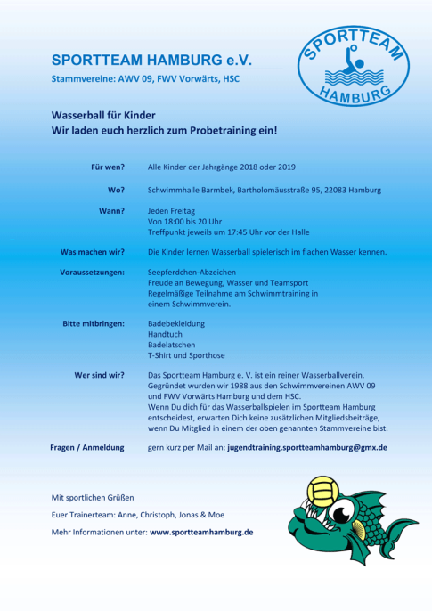 Einladung zum Probetraining, Wasserball für Kinder, Sportteam Hamburg e.V.